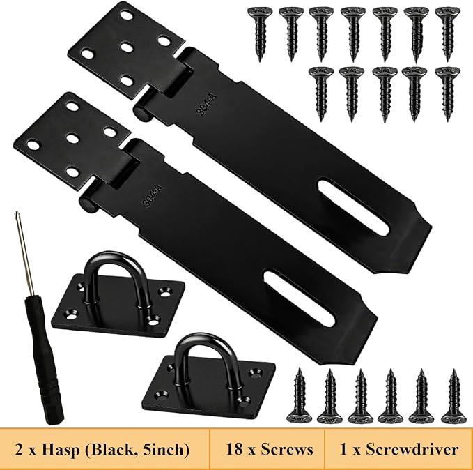 5 Inch Door Padlock Hasp, 2 Pack Stainless Steel Shed Gate Lock Latch, Heavy Duty Security Lock with Screws, for Cabinet, Pet Cage, Crate, Fence, Window, External Doors, Black