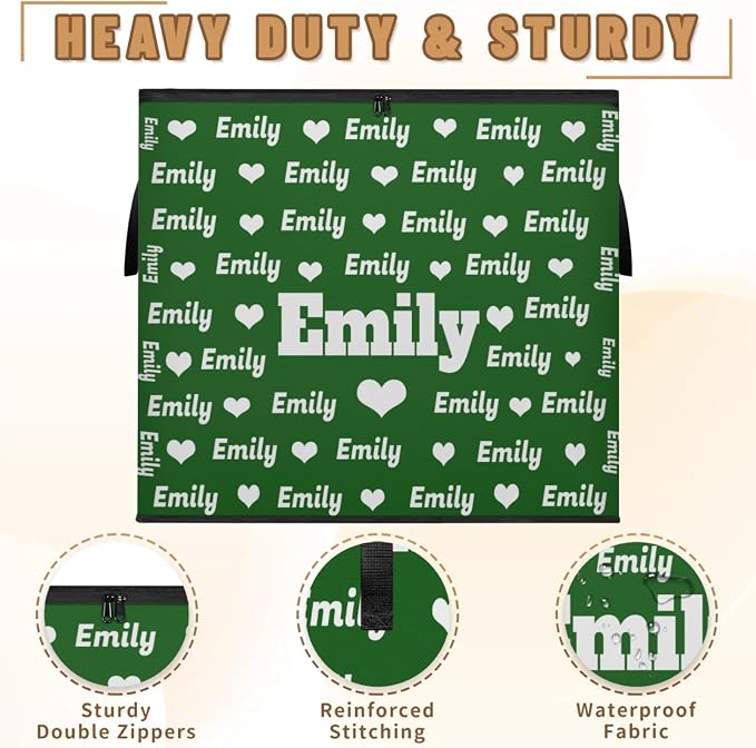 Personalized Extra Large Storage Bins with Lid, Customized Name Dark Green with Love Heart Jumbo Storage Basket Rectangle Clothes Organizer for Organizing Kids and Pets Toys Shelf Closet