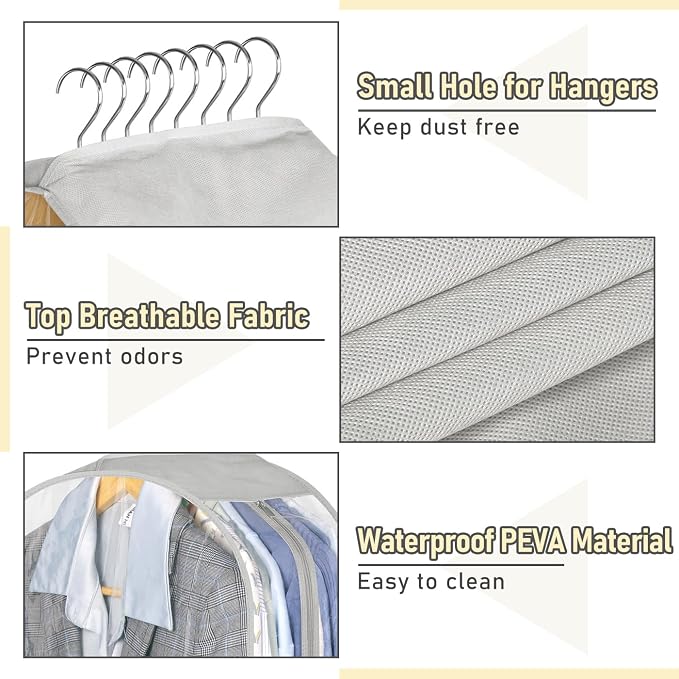 MISSLO 10" Gusseted Garment Bags for Hanging Clothes 32" Suit Bags for Closet Storage Clothing Covers for Shirts, Coats, 3 Packs, Grey
