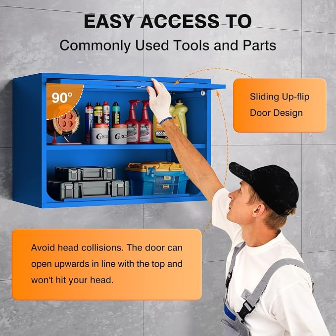 Metal Wall Cabinet with Locking Door and Shelf, Hanging Garage Cabinets with Up-Flip Doors for Garage, Warehouse, Home, Office, Assembly Required (Blue, One Cabinet)