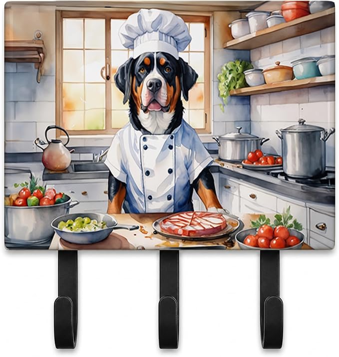 Caroline's Treasures Greater Swiss Mountain Dog The Chef Leash or Key Holder Wall Hooks, Key Hooks Holder, Coat Rack Wall Mount, Coat Hooks, Hooks for Hanging Keys, Towels, Aprons, Leashes | Greater Swiss Mountain Dog The Chef artwork on ceramic tile w...