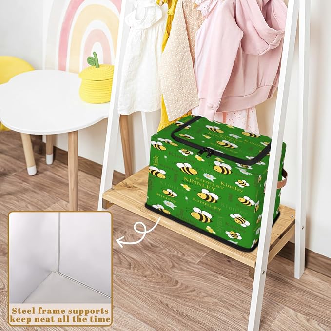 Custom Name Storage Bin with Lid Zipper, Personalized Rectangular Storage Basket with Handles for Organizing Girls Toys Office Closet Shelf Baskets, Cartoon Bee with Daisy Floral Deep Green