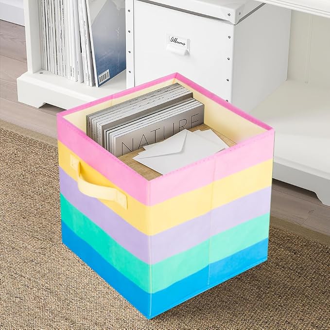 PowerKing Collapsible Storage Cubes, Farbic Storage Bins, Rainbow, 6 Pack | Sturdy, Lightweight, Easy Pull Handle, Closet & Shelf Organizer, Clothes and Toys Storage, 10.5'' x 11'' x 10.5''