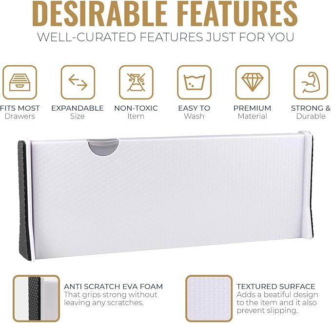 RAPTUROUS Deep Drawer Dividers 8 Pack, 5 Inch Tall, 13-22 Inch Long Expandable, Adjustable Drawer Organizer for Clothing, Dresser, Kitchen, Strong Hold, Soft Foam Edges, White