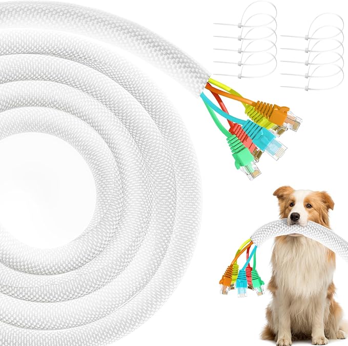 Cat Dog Cord Protectors from Pets No Chew 10ft - 4/5inch，Rabbits Cable Sleeves Cord Management Puppy Proof Covers, Wire Loom Critter Cord Charger Protector Heavy Duty Split Sleeve Automotive Tv，White