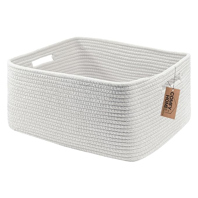 COMFY-HOMI Cotton Rope Woven Basket with Handles for Shelves,Toys,Book, Cloth Storage Baskets Bin for Organizing- 1 PCSToy Decorative Organizer for Living Room, Bathroom 17" x 13" x 7.5"