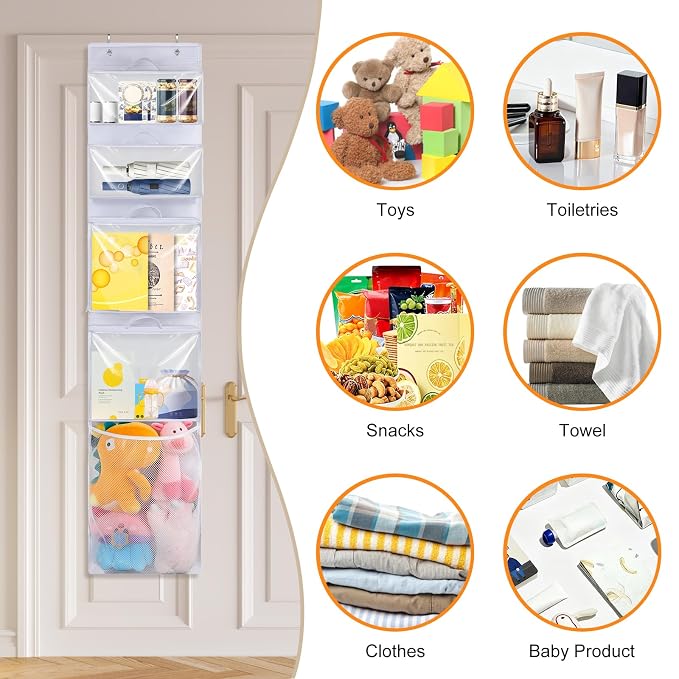 Over Door Organizer and Storage, Hanging Toy Holder with Removable Pouches | Toddler Room Wall Stuffed Animal Storage Bag Case, Kids Playroom Closet Back of Door Organization for Building Block, Puzzle