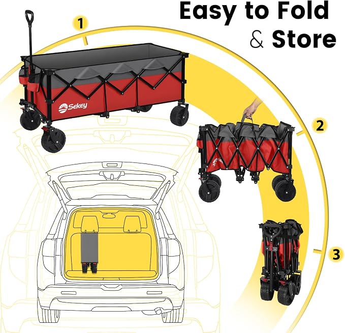 Sekey 48''L Collapsible Foldable Extended Wagon with 660lbs Weight Capacity, Heavy Duty 300L Folding Utility Garden Cart with Big All-Terrain Beach Wheels & Drink Holders. Red&Grey