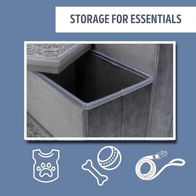 TRIXIE 3-Step Velour Pet Stairs, Gray | Collapsible, Storage Compartments for Pet Toys, Ideal for Small Dogs and Cats
