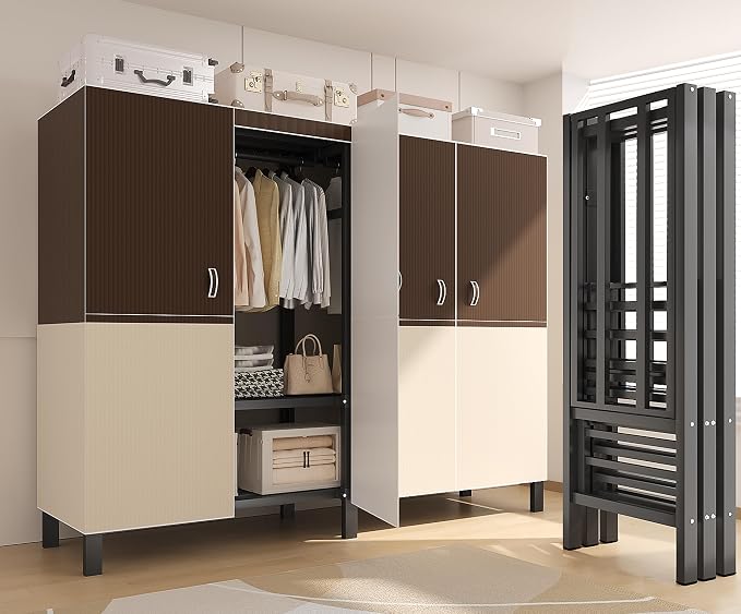 49.2in Heavy Duty Portable Closet with Cover, 1500lbs Foldable Covered Metal Clothing Wardrobe Closet System, Heavy Duty Garment Rack for Hanging Clothes, for Bedroom,Apartment,Rental Property,Brown