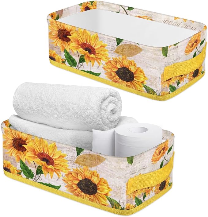 Sunflower Bright Letters Bathroom Storage Basket, Foldable with Handle Open Countertop Paper Towel Decorative Box, Toilet Tank Top Shelf Baskets for Home Closet Bedroom Living Room Office