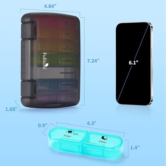 Fullicon Large Portable Pill Organizer 2 Times a Day, Black Rainbow | Each Compartment Holds 10 Fish Oils or 16 Vitamins, Lid Stays Open Reliably, Double Secure Lock, Durable Hinges, Fits Purse