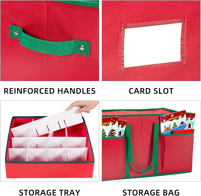 Christmas Ornament Storage Box with Adjustable Dividers and Side Pockets, Large Ornaments Storage Container Bin with Zippered Top for Xmas Decorations (128-3" Balls, Red, With Tray)