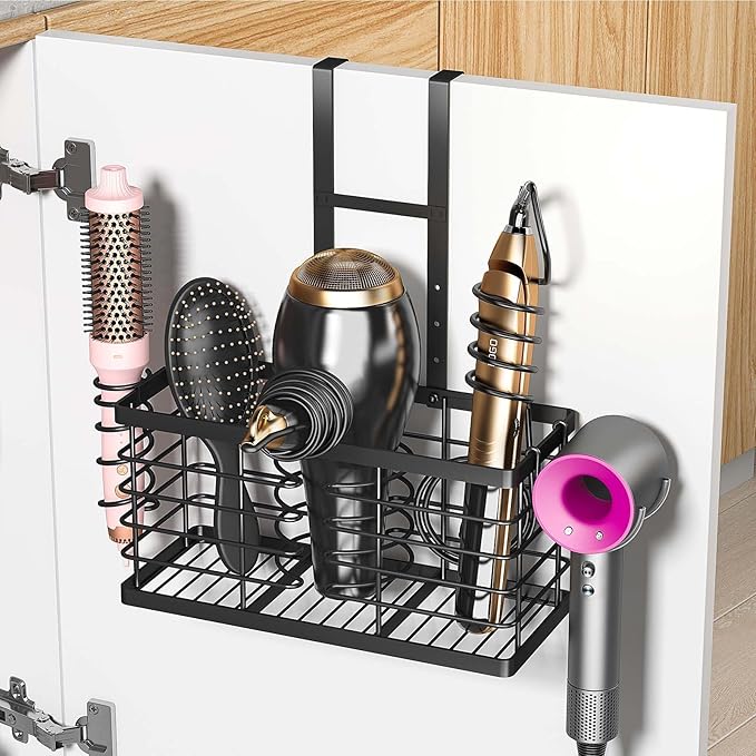 2026 Upgraded 3-in-1 Universal Hair Tool Organizer, XL Size, Black | Adjustable Height Metal Hair Dryer Holder, Wall Mounted, Over Cabinet Door, Countertop, Bathroom Storage