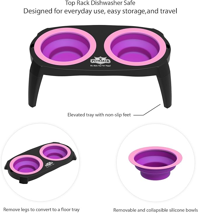 Elevated Cat and Dog Food Bowls with Non-Slip Stand - Removable and Collapsible Silicone Feeder for Food and Water - 16-Ounces Each by PETMAKER (Pink)