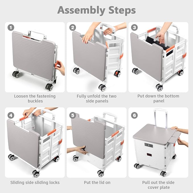 Foldable Utility Cart Collapsible Portable Crate Rolling Carts with Wheels Tote Basket with Magnetic Lid Telescopic Cover Wear-Resistant 360°Rotate Wheel Noiseless for Shopping Storage Office Use