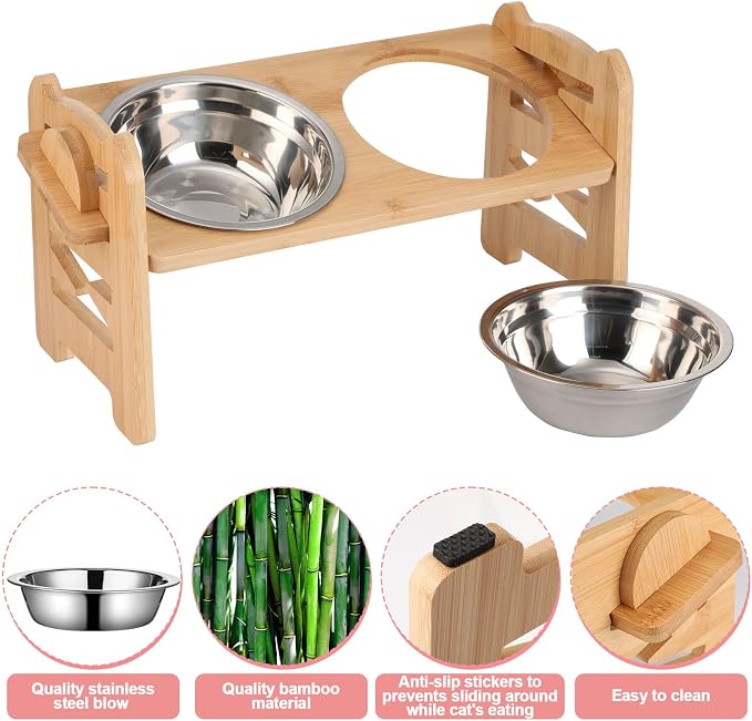 2 Set Elevated Dog Cat Bowls, 15 Tilted Raised Pet Bowl for Puppy and Cats Adjustable Dog Food Feeding Dishes Wood Stand Pet Feeder with Stainless Steel and Non Slip Feet