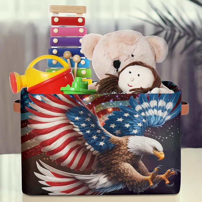 Pardick Basket Storage Bins American Flag Eagle Rectangle Cube Basket Box Kids Girls Boys Toys Organizer Beaket Decor Foldable with Handle for Living Room Bedroom Closet Nursery Office Shelf Gifts