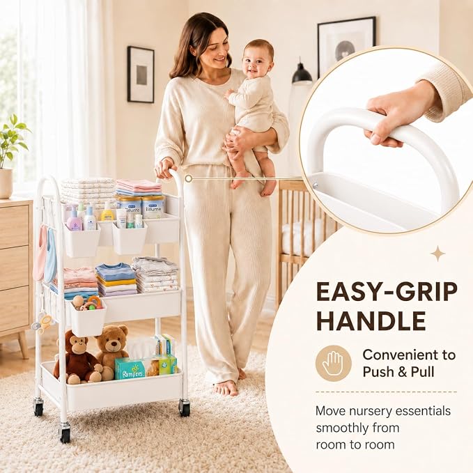 3 Tier Metal Rolling Cart Organizer, White Utility Storage Carts on Wheels | Three Tiered Bedside Carts for Baby Essentials, Utility Roller Shelf for Snack, Art, Cleaning, Craft, Diaper Caddy, Book