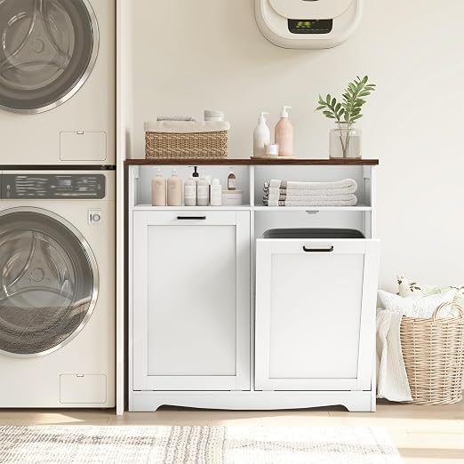 HOOBRO Double Tilt Out Trash Can Cabinet, 20 Gallon Kitchen Trash Bin Cabinet, Hidden Trash Storage with Open Compartments, Hidden Laundry Hamper, for Kitchen, Laundry, White and Walnut WH04LJ01