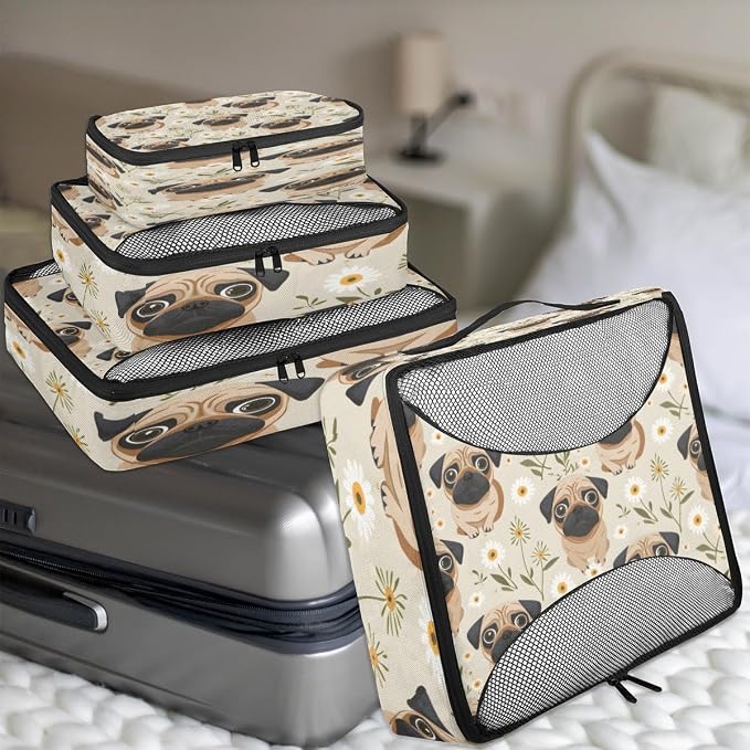 Pug Dog 4 Set Travel Packing Cubes for Accessories, Suitcase Organizers Luggage Bags Set with Double Zippers & Mesh Top