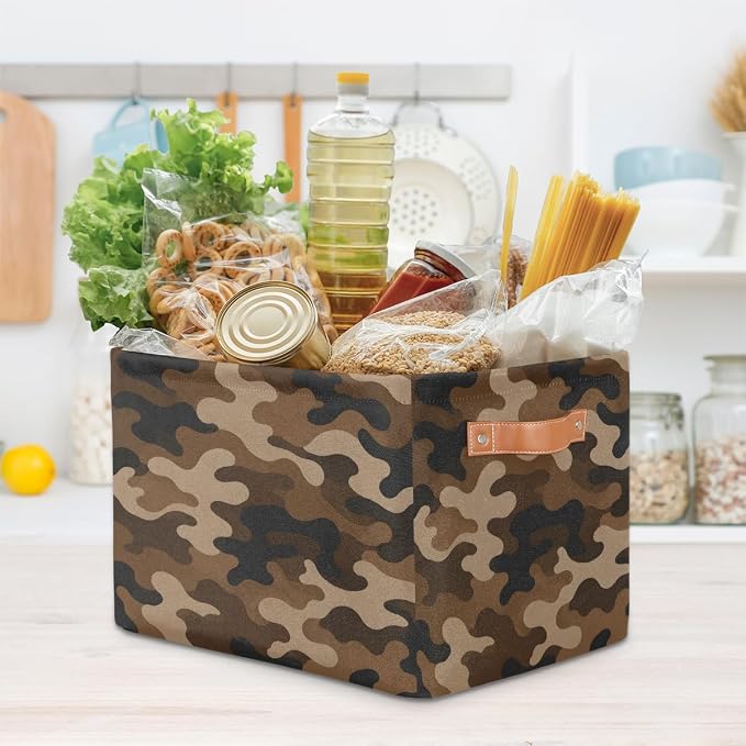 Pardick Camo Basket Storage Bins Rectangle Canvas Basket Cube Storage Box | Nursery Foldable Basket with Handle for Kids Girls Boys Toys Living Room Closet Organizer Shelf Gifts Camouflage Borwn