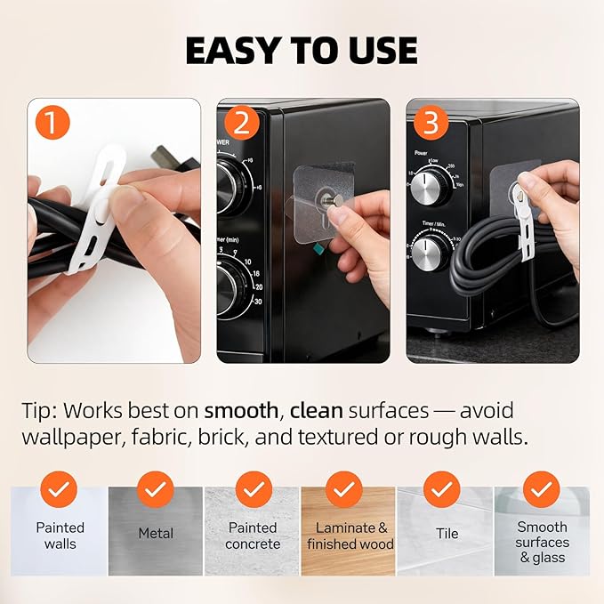 Cable Organizer - Give Every Cord a Home So It's Easy to Find and Grab | 12 Strong Adhesive Hooks + 12 Reusable Silicone Ties, No-Drill Setup for Desks, Kitchens & Thick Power Cords