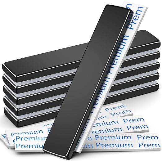 FINDMAG Neodymium Bar Magnets with Adhesive Backing, 6 Pack, 60x10x3mm | Strong magnet strip with a discreet coated finish; for cabinet doors, dark displays, workshop storage and wall signs