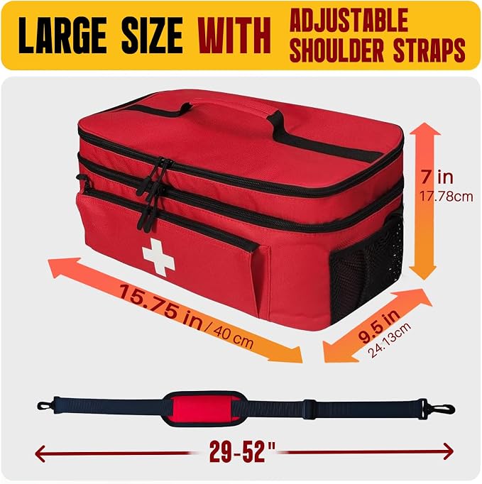 First Aid Bag Empty 2-Layer Large 16" x 9½"x7 Red | Reinforced Medical Bag Pill Bottle Box Portable Emergency Bag for Outdoor & Home, Travel Madicine Bag with Shoulder Strap