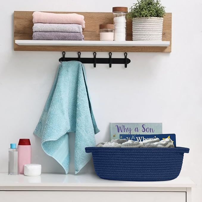 Dark Blue Small Woven Basket, 13” x 9” x 5” Baskets for Gifts Empty, Cotton Rope Gift Basket, Cute Nursery Baby Organizer, Cat Dog Toy Box, Oval Wicker Storage Bin with Handle