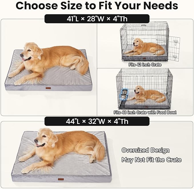 OhGeni Orthopedic Waterproof Large Dog Bed, Memory Foam, 44 inch(Gray) | Machine-Washable Removable Cover in Easy-Clean Fabric, Reversible Memory Foam & Easy-Carry Handle, Wider and Larger