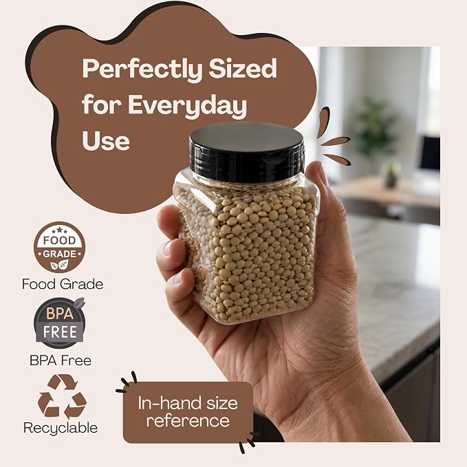 Pride of India 16 Fl Oz Clear Storage Jar with Dual Opening Lid | Food Grade PET Plastic Square Grip Jar | Reusable Organizer for Kitchen, Pantry, Coffee, Spices, Snacks, Crafts | 1-2 Cup Capacity