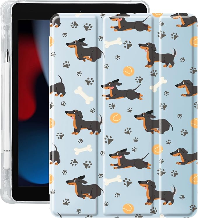 Cute Dachshund Case for 9.7" iPad 5th/6th Generation, Clear TPU Smart Stand Back Cover with Pencil Holder, Auto Wake/Sleep Foldable Protective Case for iPad 2017/2018