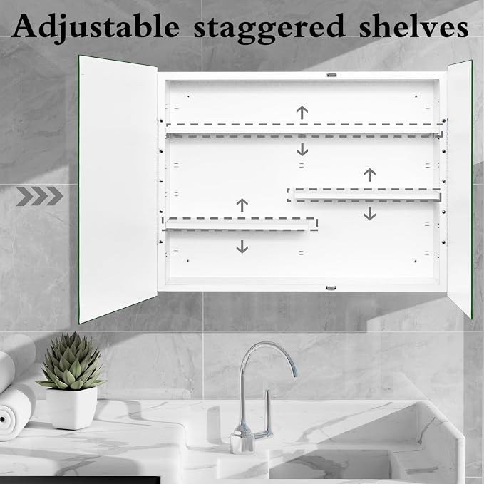 White Metal Double Door Medicine Cabinet 30 x 24 Beveled Mirror, Wall Mount | Double Door Metal Mirror Cabinet with Adjustable Staggered Shelves, Piano Hinge, Fully Assembled, Recessed / Surface Mounting