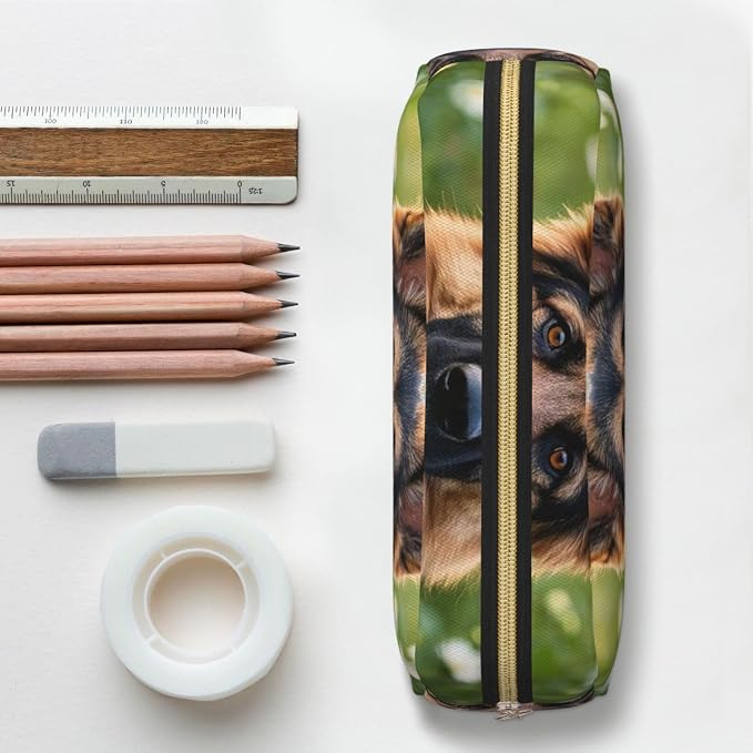 PU Leather Pencil Case Cosmetic Pencil Bags Makeup Pouch with Zipper | Cute Pet German Shepherd Dog Pen Pouch Portable Cosmetic Organizer Bag For Office Woman Man