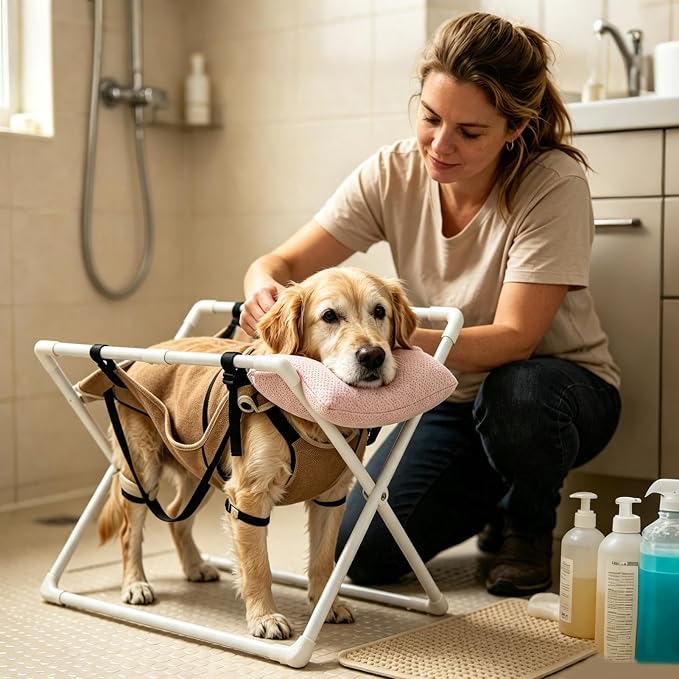 Pet Grooming Hammock - Foldable Heavy Duty Dog Restraint Stand | Washable Mesh Support Sling, Anti Slip Frame, Joint Cushion, Secure Setup for Small Medium Pets Home Salon Bathing