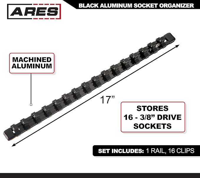 ARES 70085 3/8-In Socket Rail | Part No. 70085; Store up to 16 Sockets and Keep Your Tool Box Organized