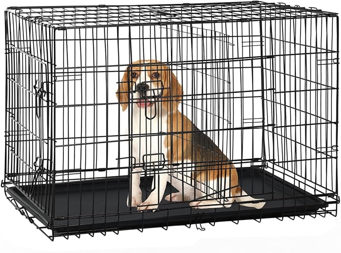 30 Inch Medium Dog Crate, Heavy Duty Dog Crates for Medium Dogs, Metal Wire Folding Dog Cage with Removable Trays, Locks, Double-Door, Divider Panel, Handle, Puppy Crate Pet Crate (30 in, Black)