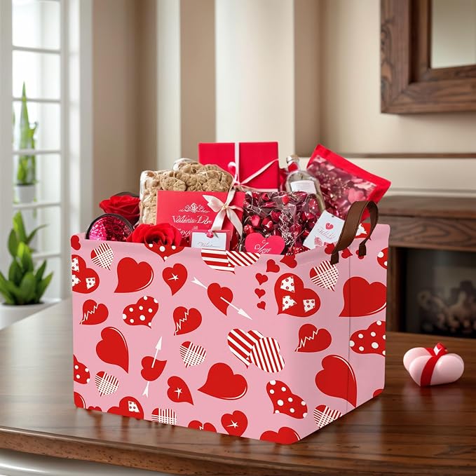 Cute Large Valentine's Day Gift Basket Empty Heart Decor Storage Bin for Kid Baby Room Décor (Striped Red Heart)