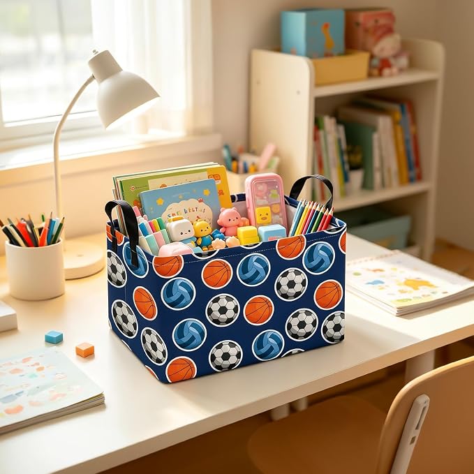 Rectangular Collapsible Storage Basket Nursery Toy Organizer Ball Sports | Storage Bin Foldable Canvas with Handles for Organizing Home Kitchen Children Toys Office Closet Shelf Baskets