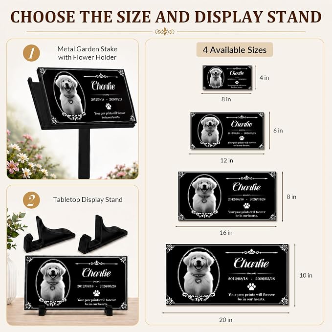 Personalized Pet Memorial Stone, Custom Granite Pet Grave Marker | for Dogs & Cats , Engraved Memorial Plaque with Photo Name Dates & Message, Indoor Outdoor Garden or Tabletop Display