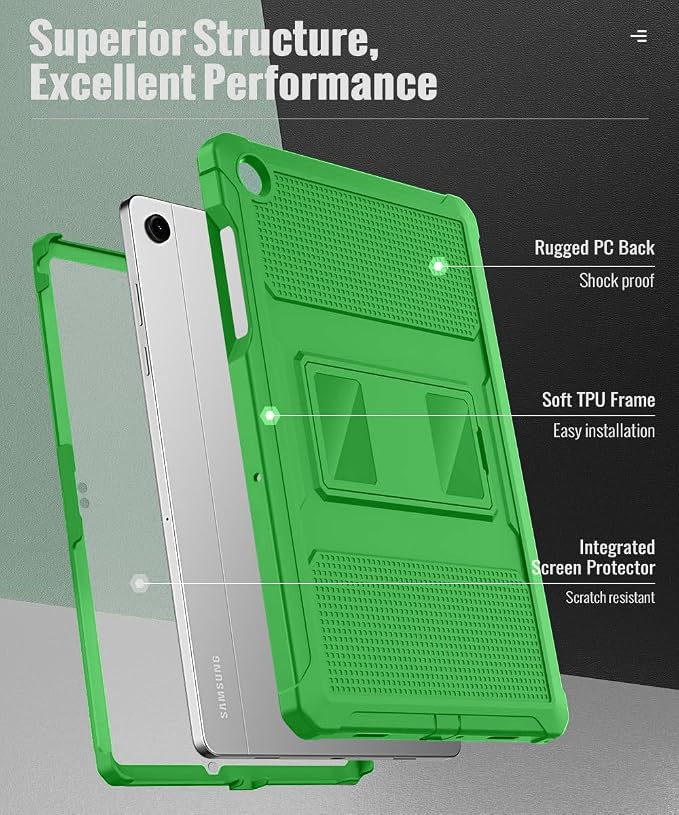 MoKo Shockproof Case Fit Samsung Galaxy Tab A11+ Plus/ A9+ 11 Inch | Full Body Rugged Stand Back Cover with Built-in Screen Protector for Galaxy Tab A11+/ A9+ Tablet, Forest Green