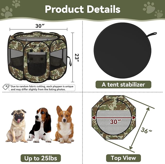Siedihit Dog Cat Playpen, Medium Puppy Pet Playpen, Dog Crate Tent Cage | Indoor/Outdoor, Portable Pop Up Dogs Kennel Playpen with Carrying Case for Dogs/Cats/Rabbits(Green Camo, Medium)
