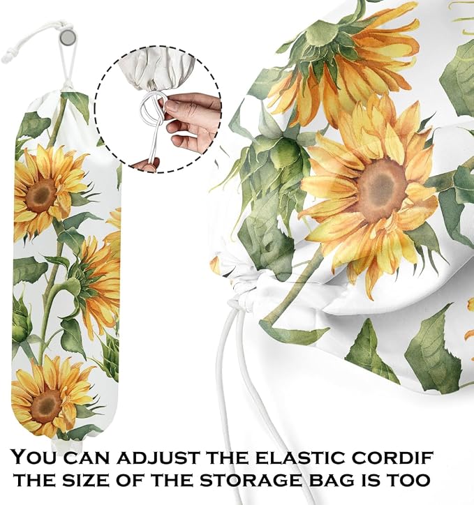 Sunflower Plastic Bag Holder for Kitchen Essentials, Wall Mount Grocery Bag Holder for Plastic Bags, Sunflower Reusable Shopping Bags Storage Dispenser for Home Kitchen Pantry, 22.5x9 Inch
