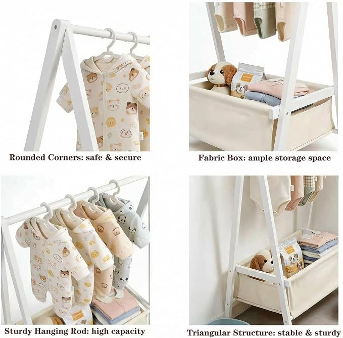 Baby Clothing Rack for Baby Shower, Pets Clothes Rack with Storage Box & Hanging Rod for Dogs/Cats, Mini Dolls Closet Rack, Bamboo Baby Shower Rack for Nursery Room (White)