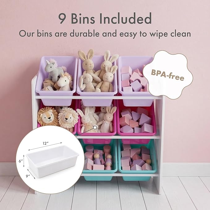 Humble Crew Kids Toy Organizer with 9 Bins, 3 Tier Storage for Playroom | Sturdy wood and steel toddler shelf, removable BPA-free containers, wall anchor anti-tip safety kit for bedroom or classroom