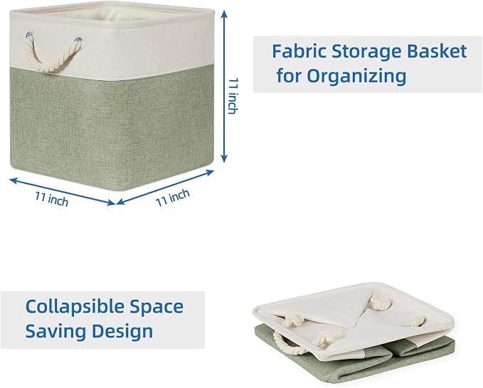 Temary Cube for Shelves 11 Inch Bin 4Pack Fabric Storage Baskets for Organizing Toys, Clothes, Decorative Baskets with Rope Handles (White&Green)