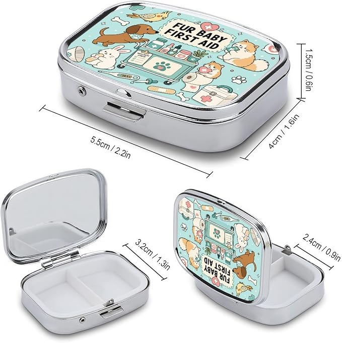 Cute Pet First Aid Essentials Two Compartment Pill Box Medicine Organizer, Portable Pill Case with Secure Snap Closure for Vitamins Medication Supplements Daily Use