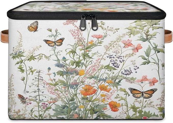 Pardick Storage Bin Wild Floral Butterfly Storage Baskets with Zipper Lid & Handle Foldable Closet Shelf Cloth Organizer Basket Cube Bins Clothes Organizer for Nursery, Bedroom