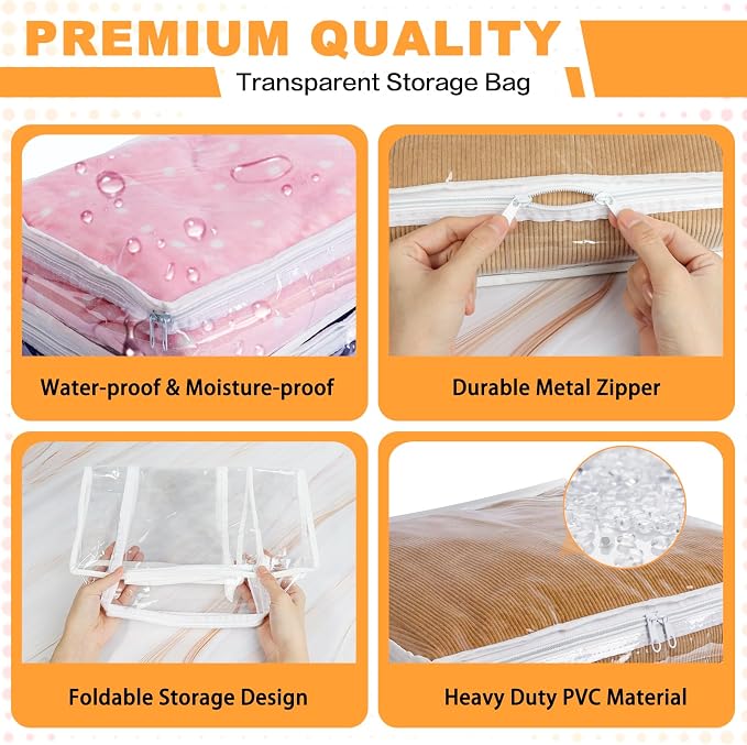 Clear Zippered Plastic Clothes Storage Bags, 6 Pack, White | Clear Storage Bags with Zipper Plastic Storage Bags for Clothes Sweaters Blankets Sheets, Size: 12 x 12 x 12 Inch